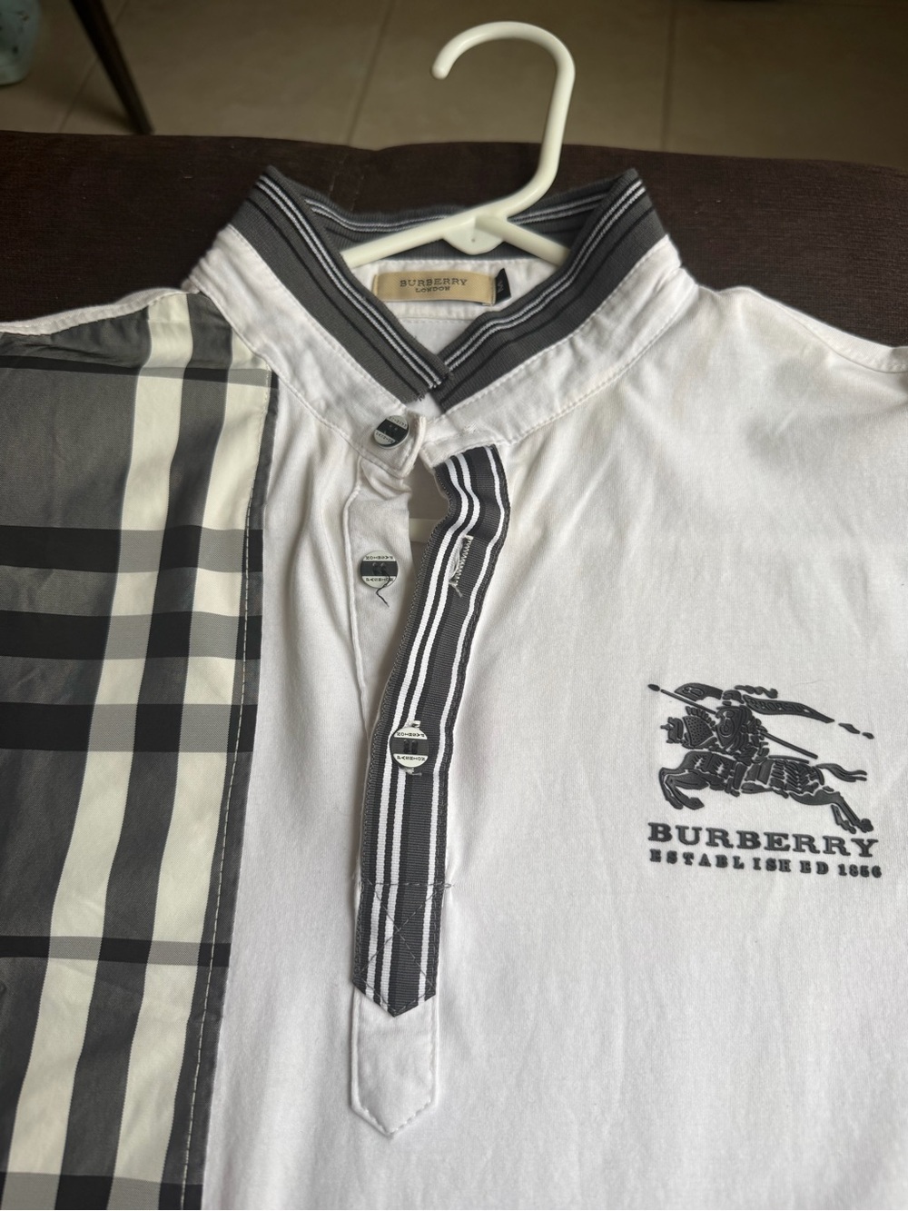 Burberry White Polo with Black Check Panel and Logo